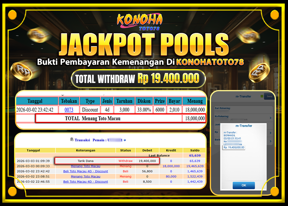 KONOHATOTO78 JACKPOT TOGEL PASARAN TOTOMACAURp.19.400.000,-LUNAS